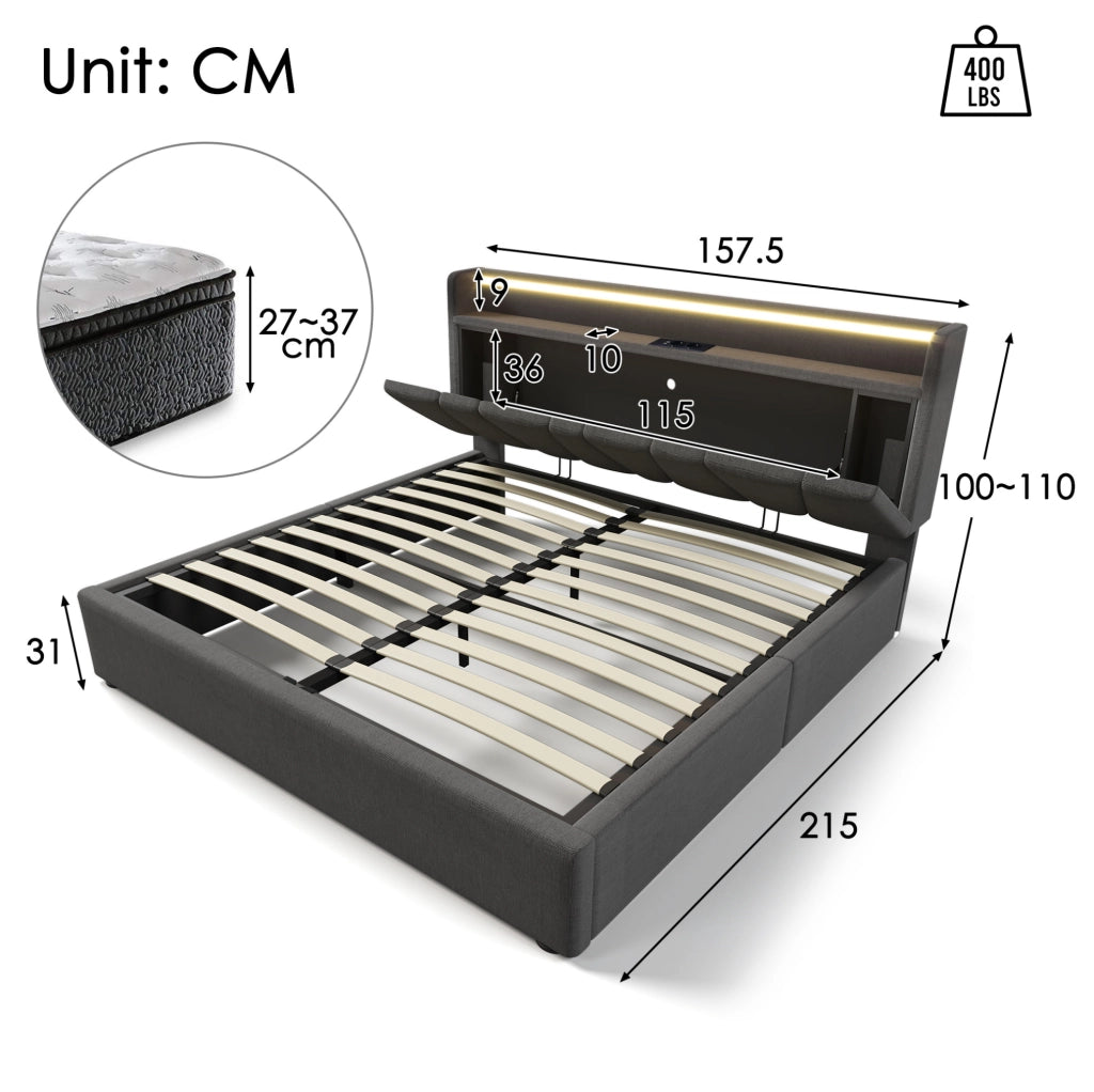 Letto contenitore 140x200 cm grigio con LED RGBW e prese USB