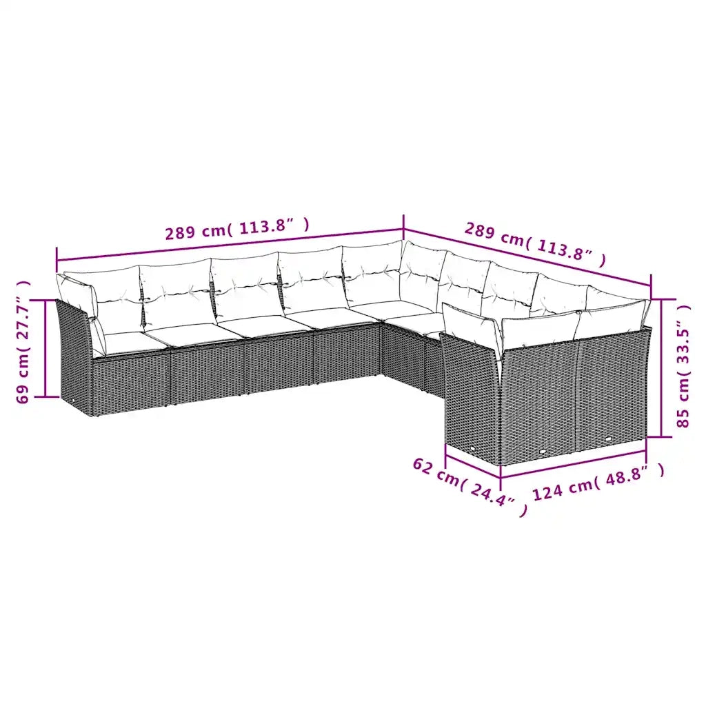 Set Divani da Giardino 10pz con Cuscini in Polyrattan Nero 3218235