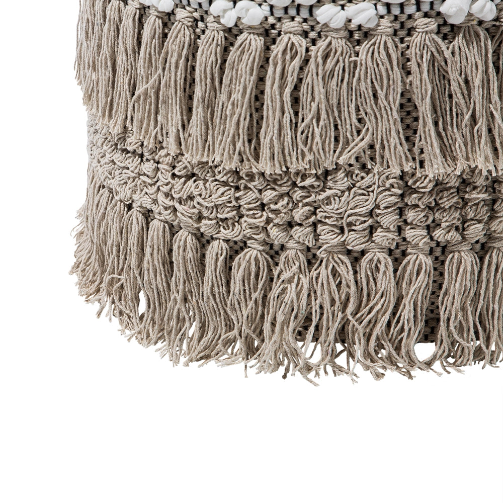 Pouf Beige Cotone Nappe e Nodi Decorativo Boho Rustico soggiorno