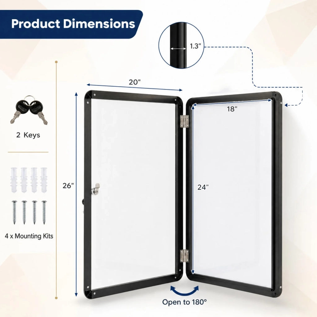 Lockable display case/information box with magnetic and writable back panel, 84 x 54 cm, black