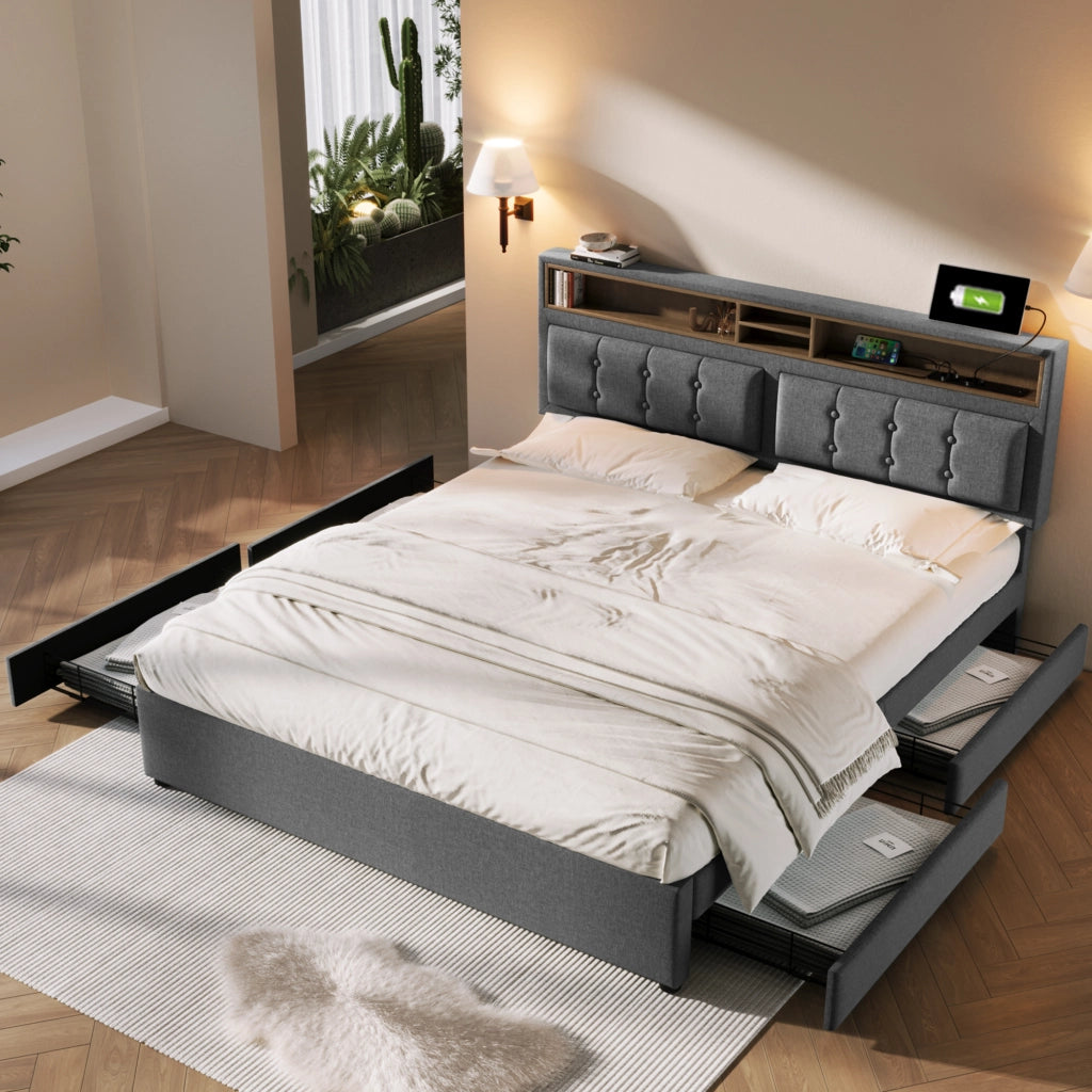 Letto matrimoniale imbottito 140x200 cm con quattro cassetti