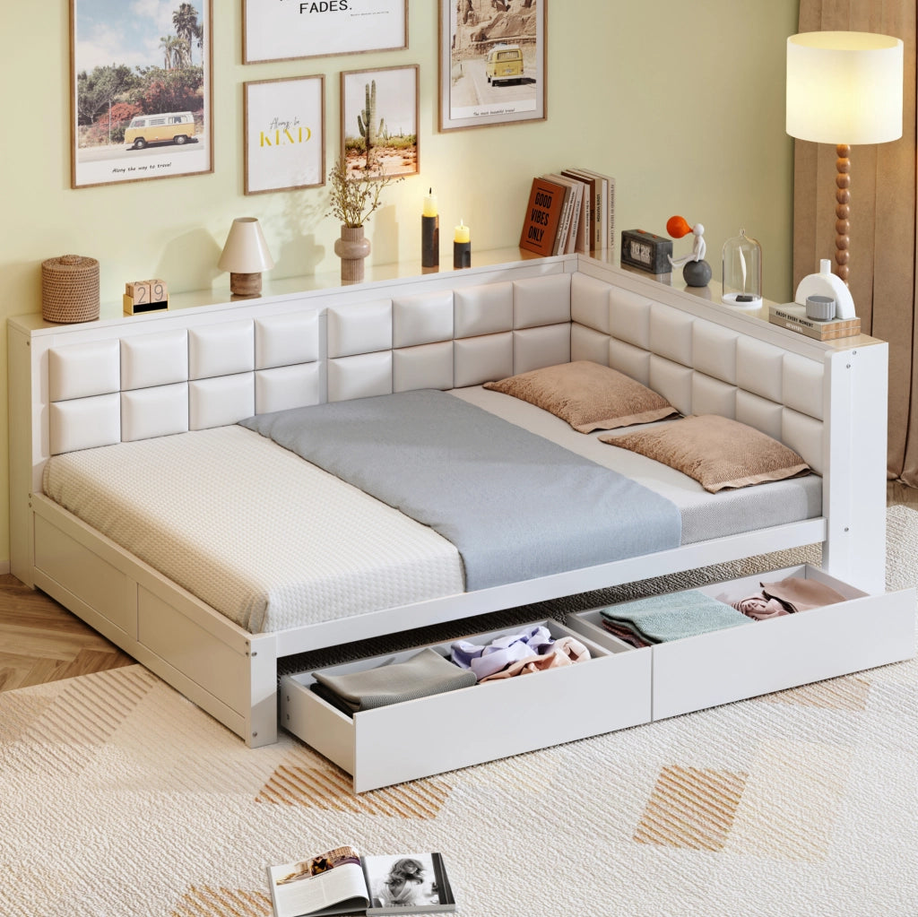 Letto trasformabile 140x200 cm con schienale imbottito e 2 cassetti; bianco