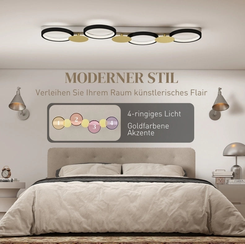 PLAFONIERA LED 100 cm con telecomando, 4 anelli, nero e oro