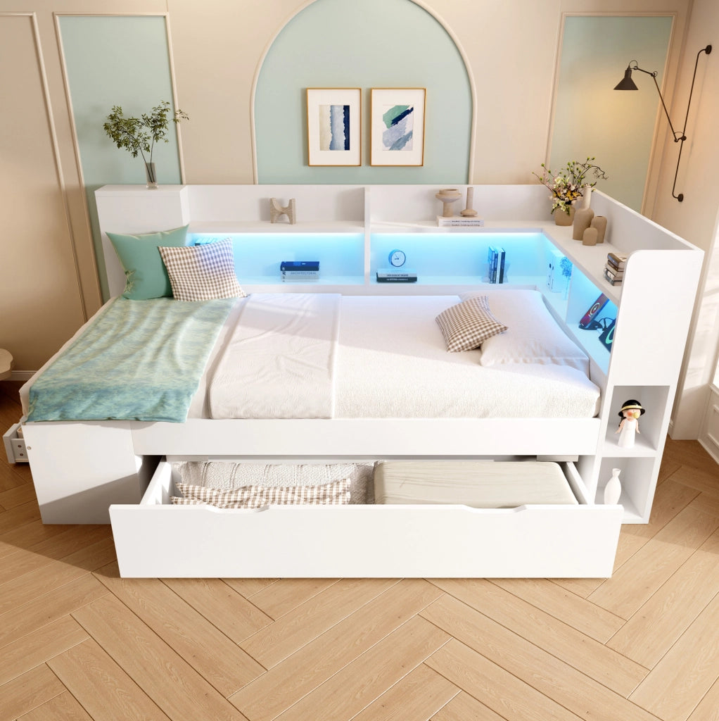 Letto singolo 90x200 cm in legno bianco con LED, USB e Type-C, contenitore e ripiani