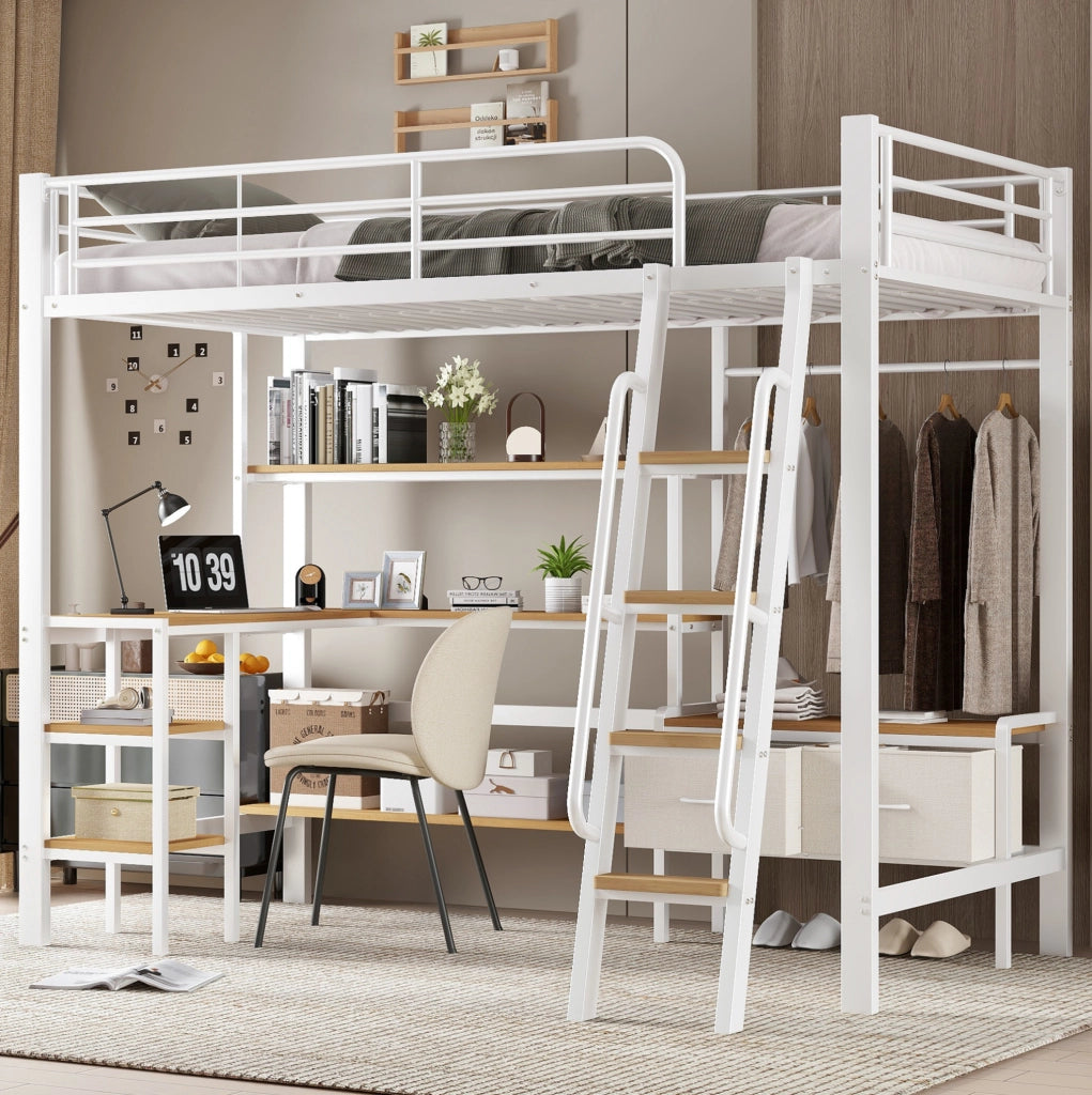 Letto a soppalco 90x200 cm con scrivania; scaffale e contenitori in metallo e MDF