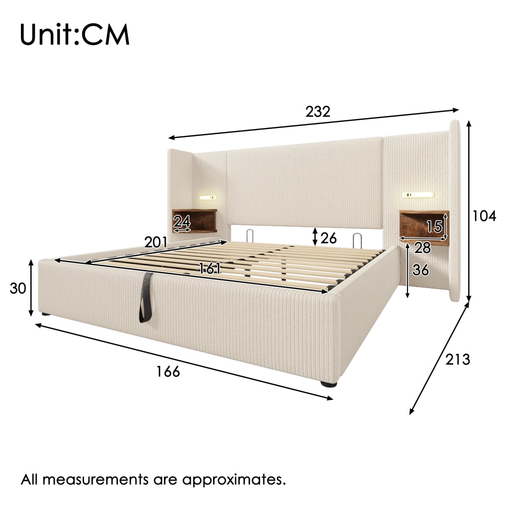 Letto Contenitore 160 x 200 cm - USB, Tipo C e Lampada - in Velluto a Coste Beige