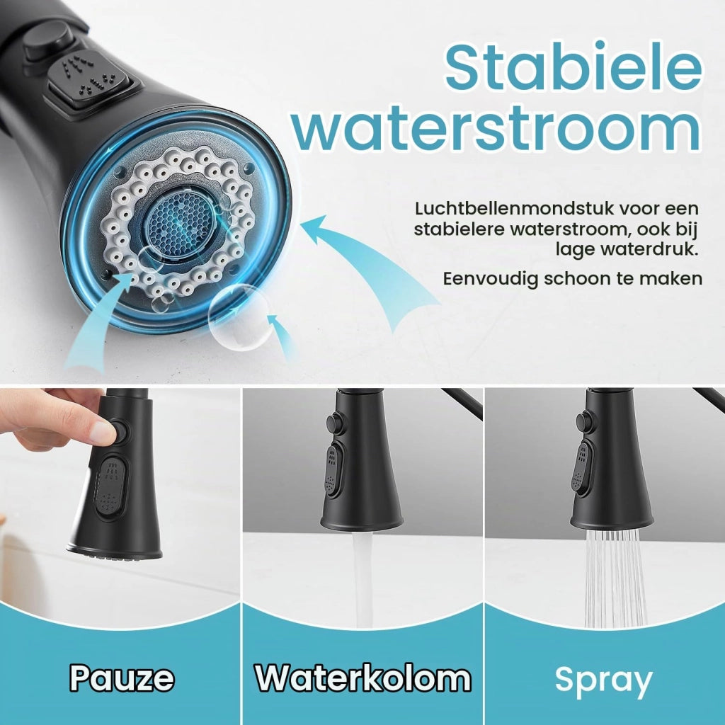 Rubinetto da cucina a bassa pressione, con 3 attacchi, girevole a 360°, colore nero