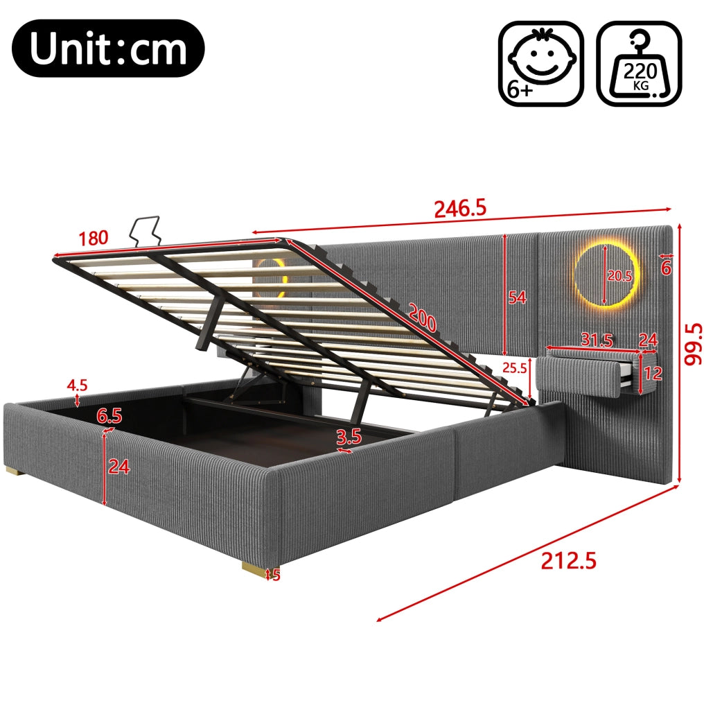 Letto matrimoniale 180x200 grigio con LED, USB e contenitore