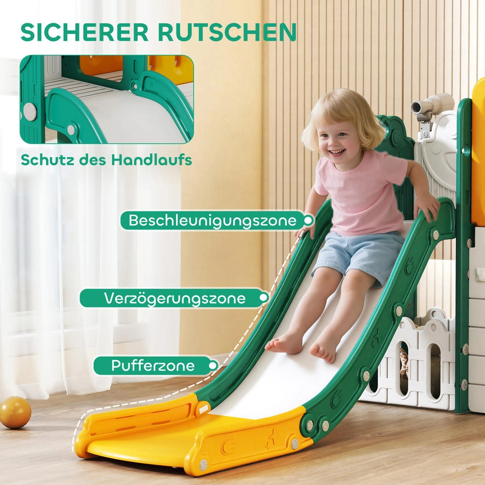 Set 7 in 1 Scivolo per Bambini e Parco Giochi da Interno in Plastica Giallo e Verde con Canestro e Lavagna