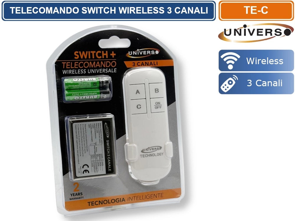 UNIVERSO TE-C TELECOMANDO WIRELESS SWITCH 3 CANALI ON/OFF PORTATA FINO A 100 M