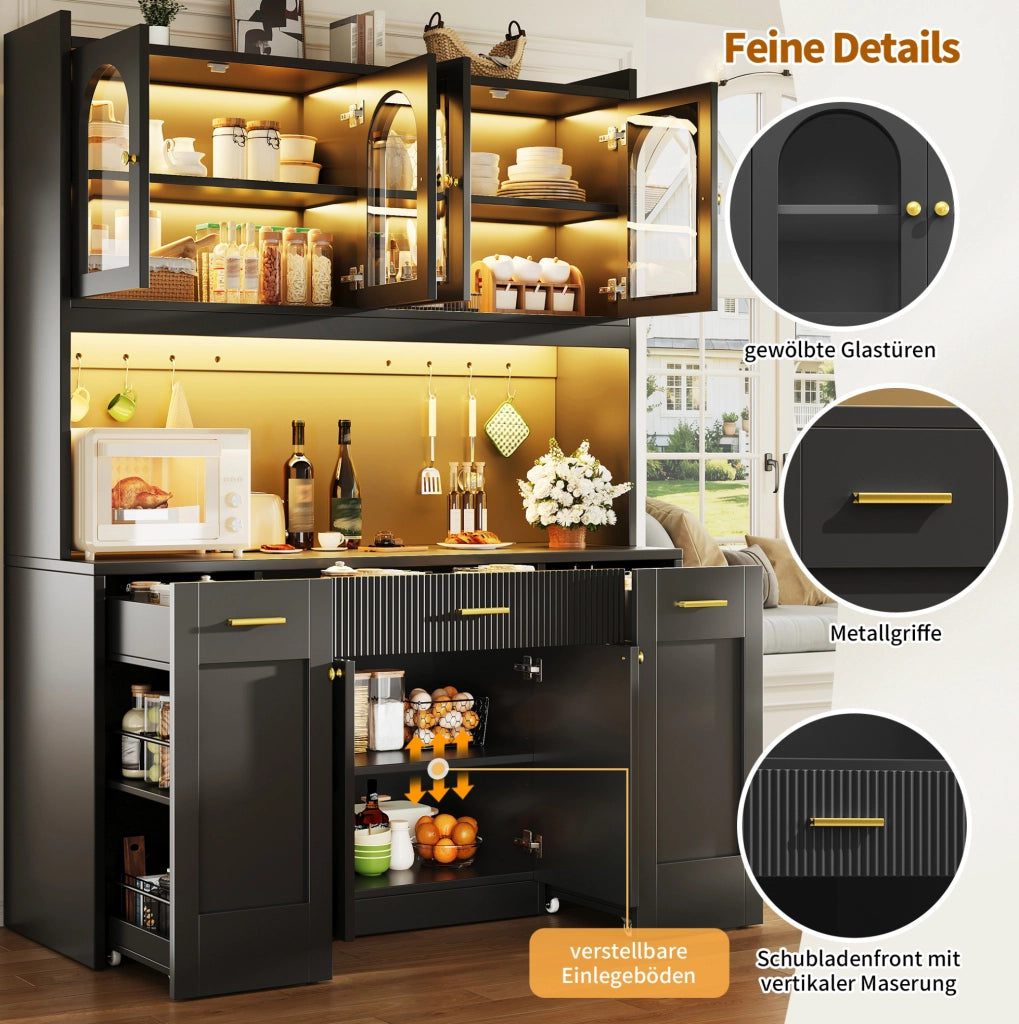 Mobile alto da cucina nero 120 cm con LED RGB e vetrine