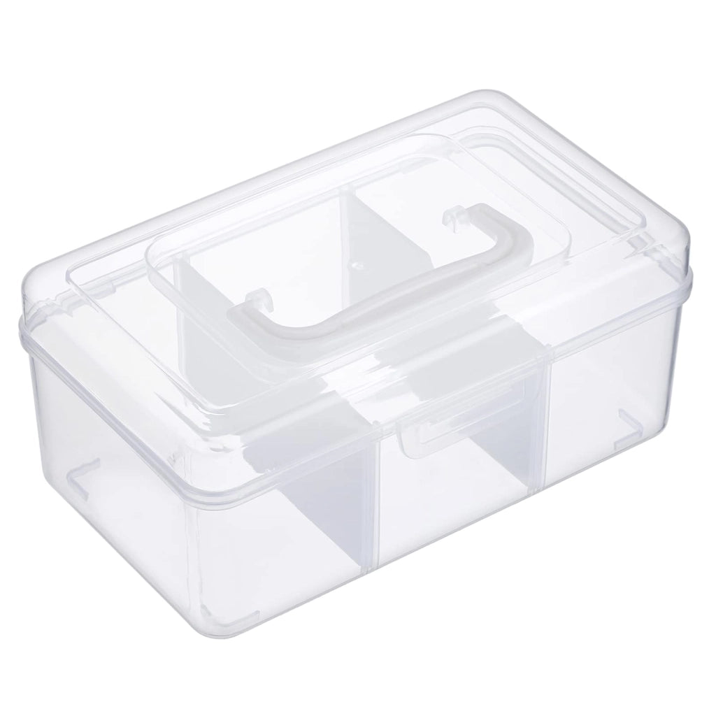 Contenitore impilabile, con 3 scomparti, trasparente, dimensioni 19,4 x 11 x 9 cm