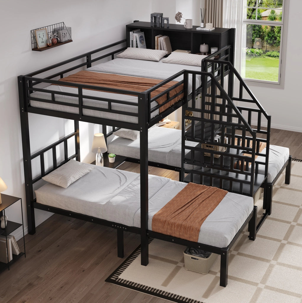 Letto a castello 3 posti 90x200 e 140x200 cm con scala e contenitore; nero