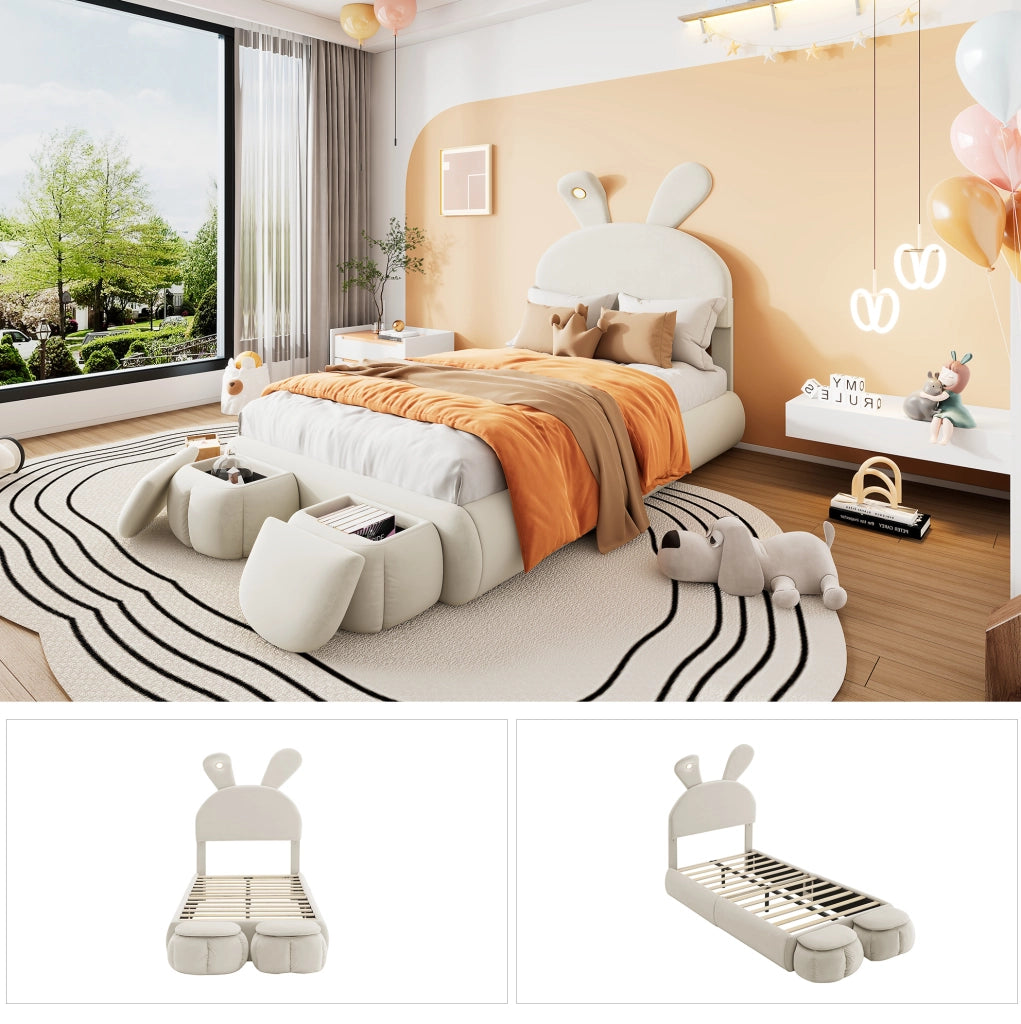 Letto singolo per bambini 90x200 cm con LED regolabile e 2 pouf; velluto beige
