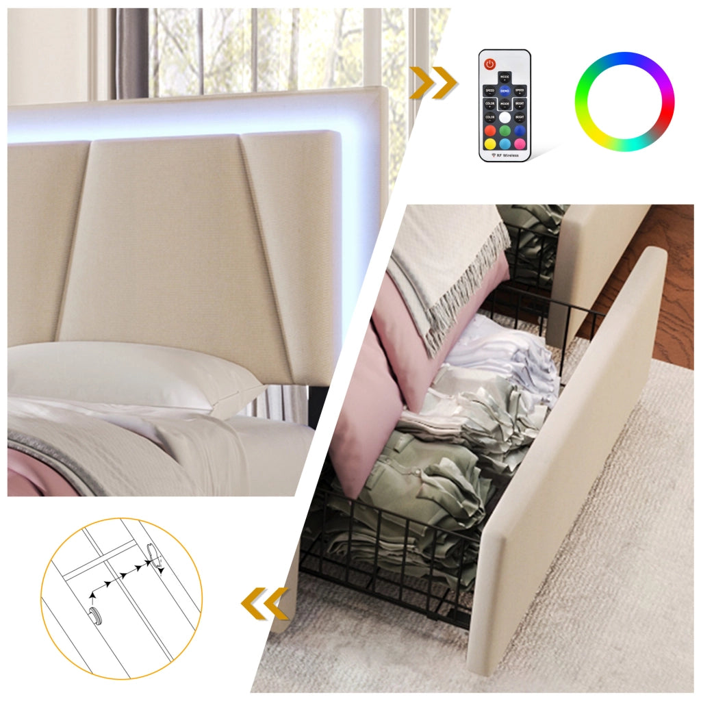 Letto matrimoniale 140x200 cm beige con 4 cassetti