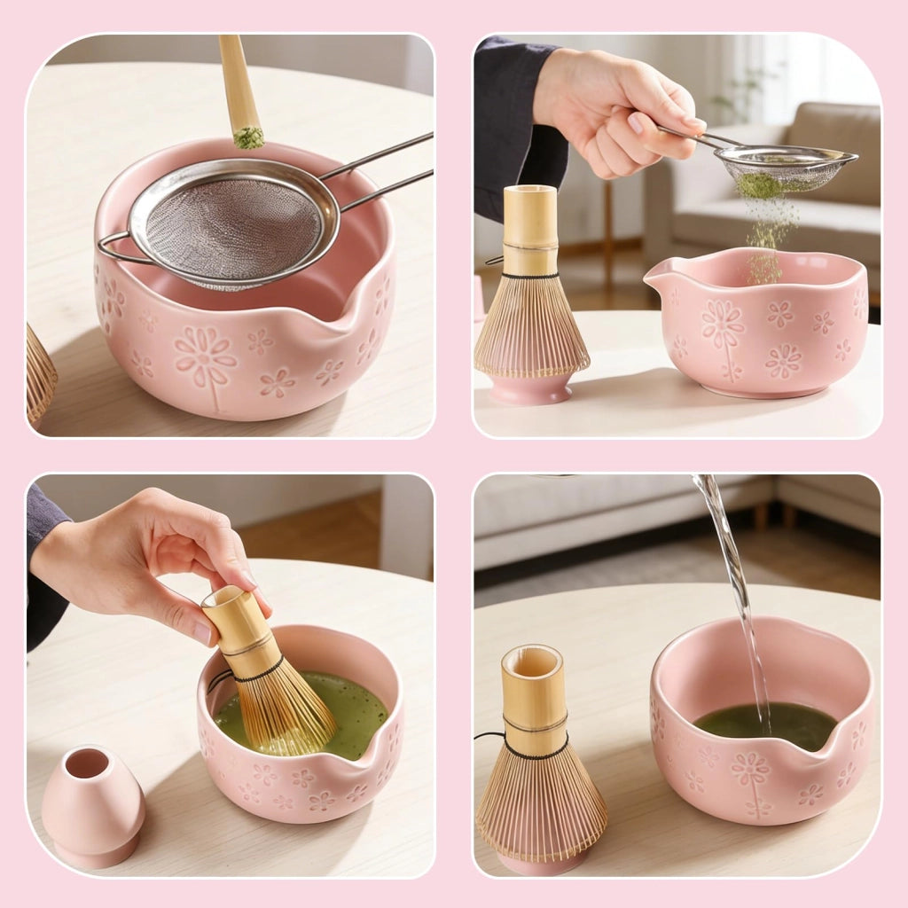 Set per il matcha, composto da ciotola, supporto per il frustino e versatore, 2 pezzi
