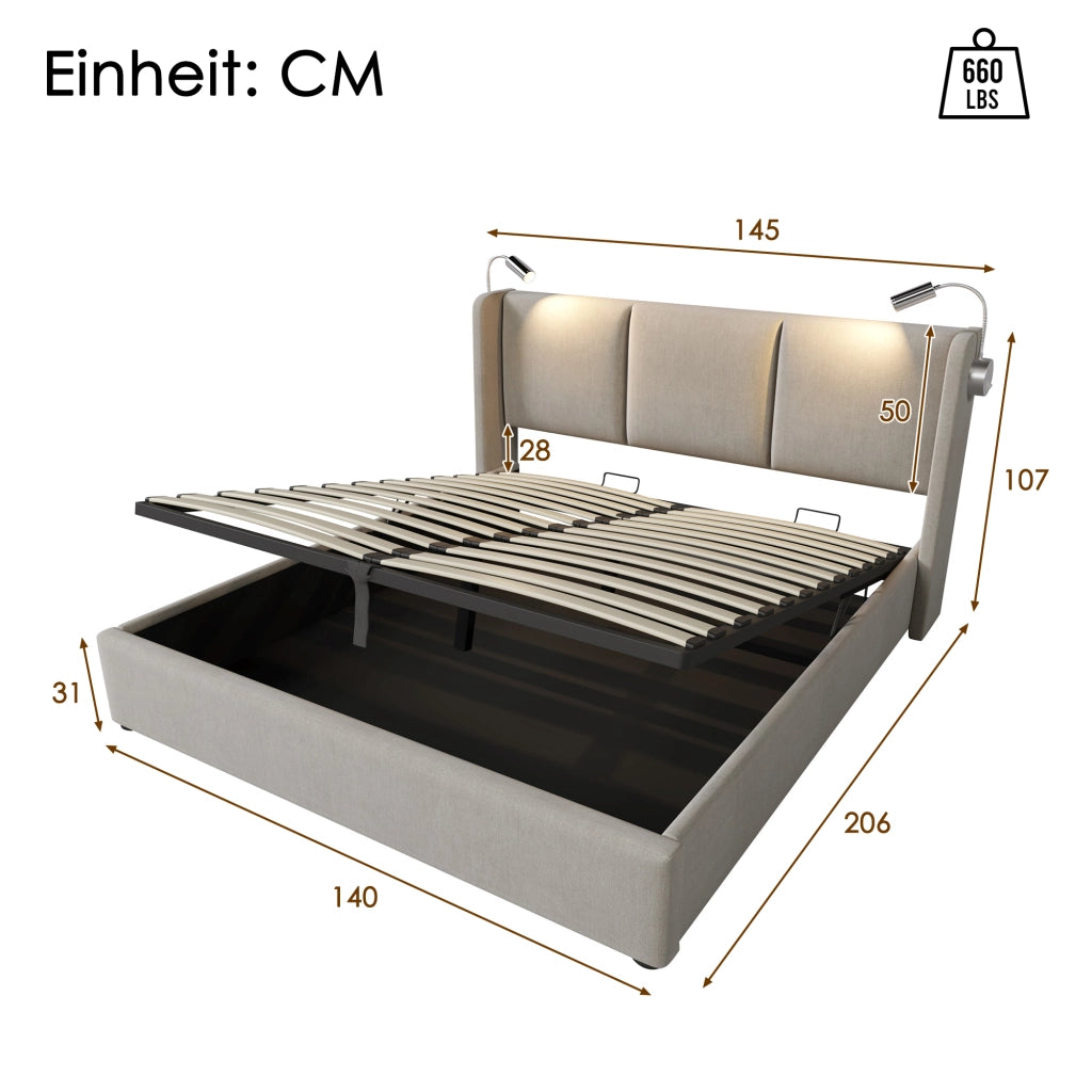 Letto matrimoniale 140x200 beige con contenitore