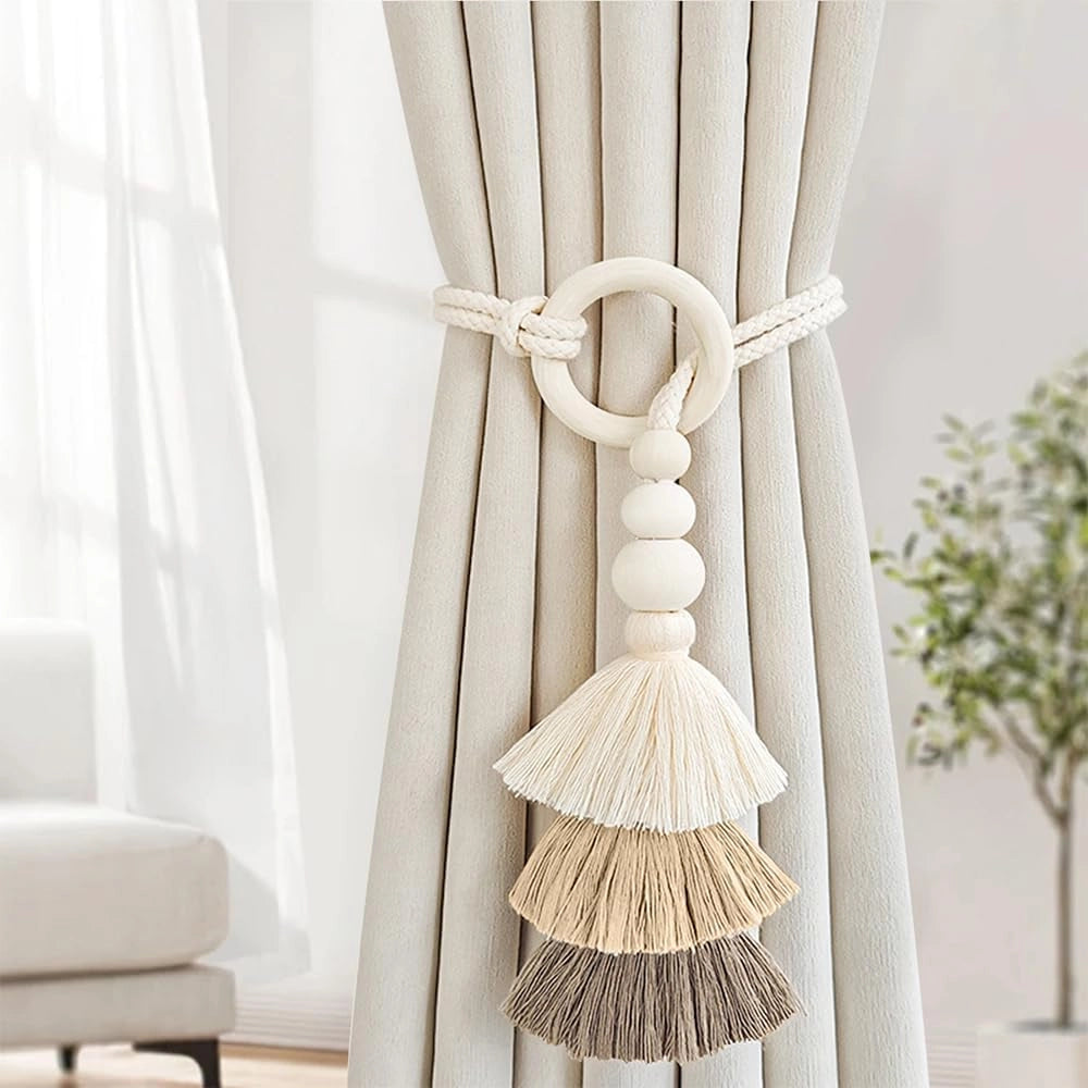 Supporti per tende con frange, design bohémien, set da 4, forma circolare, 38 cm