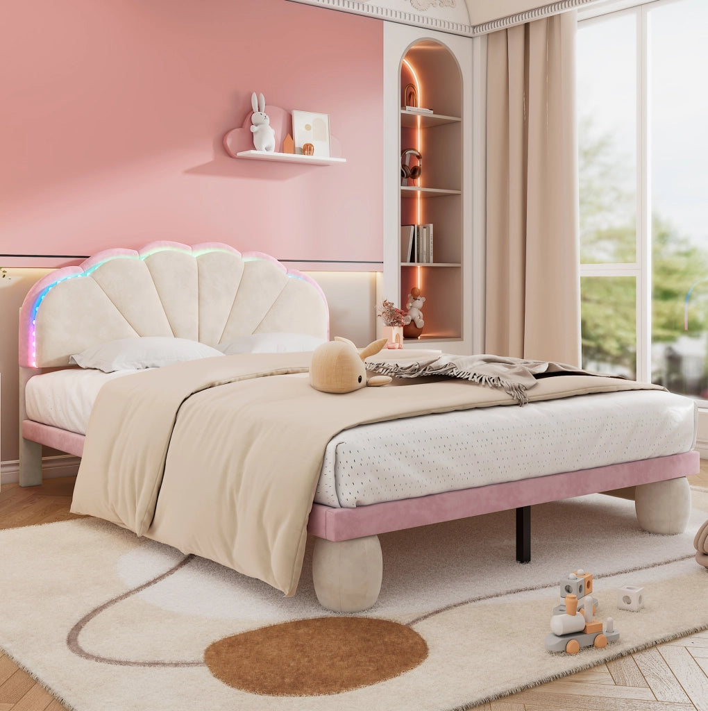 Letto imbottito per bambini 140x200 cm con luci multicolore in velluto beige e rosa