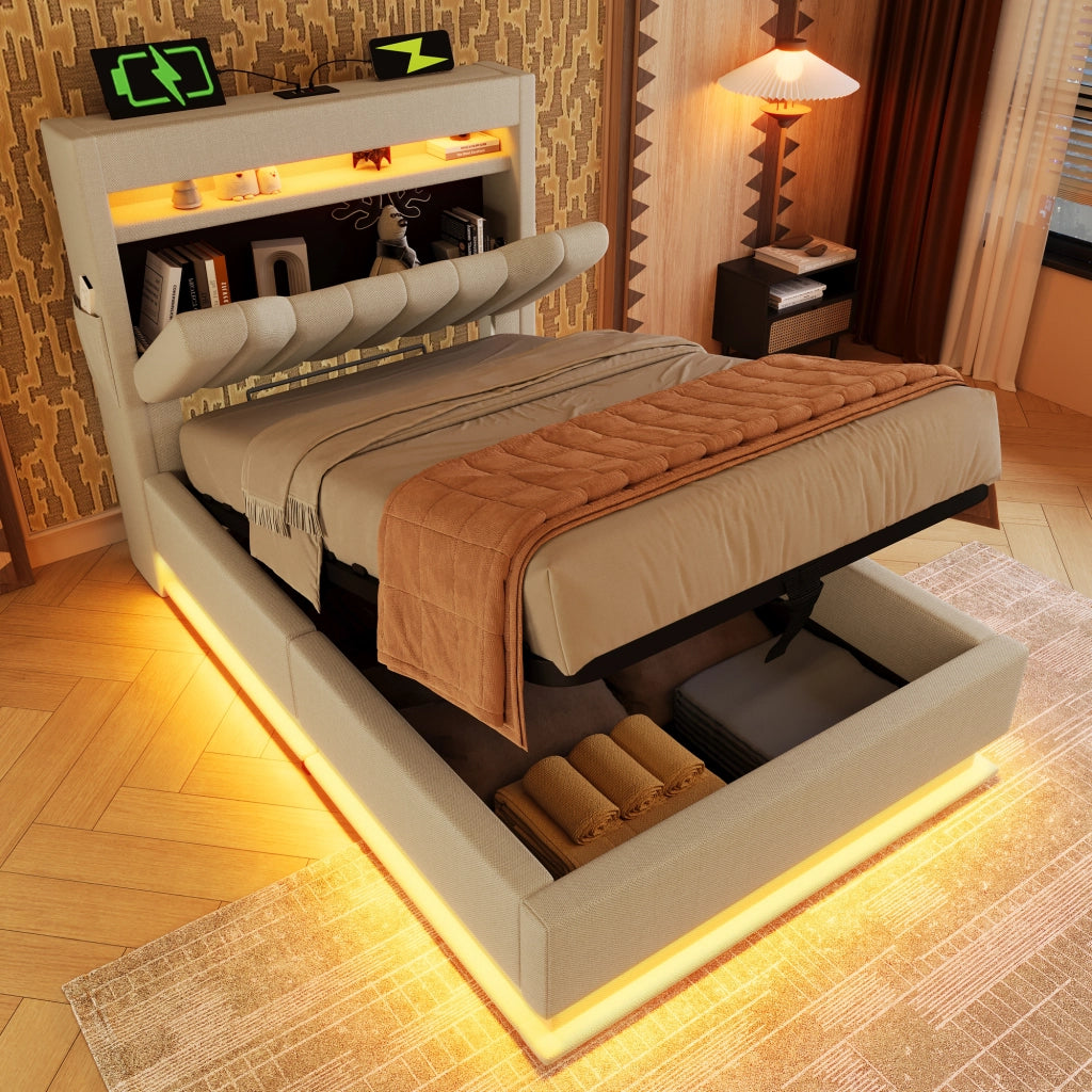 Letto singolo beige 90x200 cm con materasso e luci LED