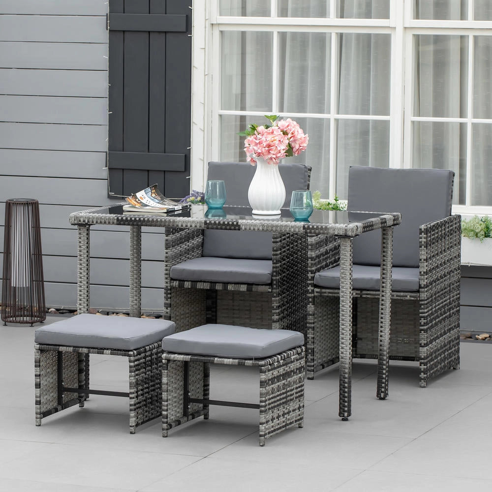 Set da Pranzo da Giardino in Polyrattan Grigio per 4 Persone con Cuscini, Salotto da Esterno Resistente e Durevole per Terrazza
