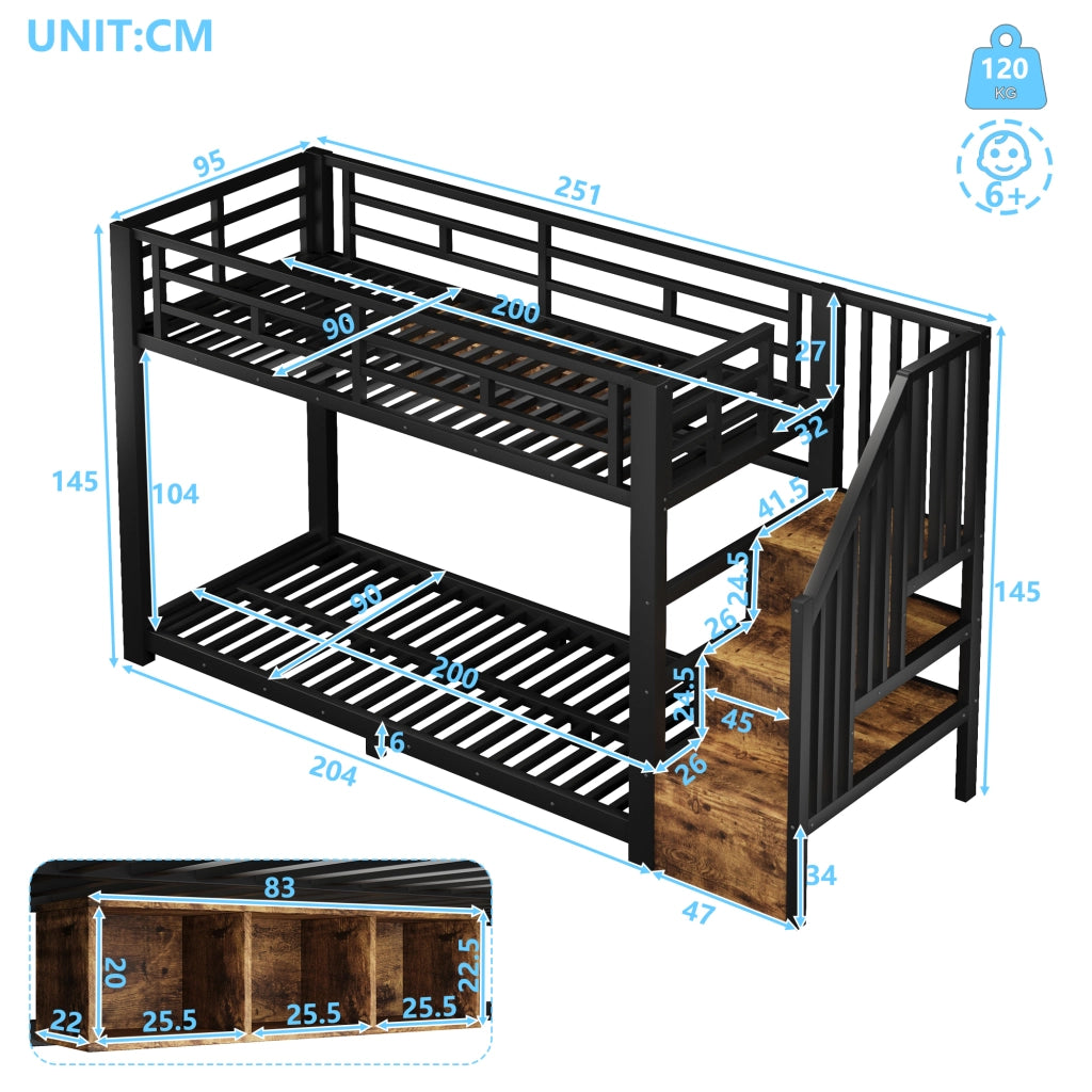 Letto a castello 90x200 cm con scala contenitore e luci LED