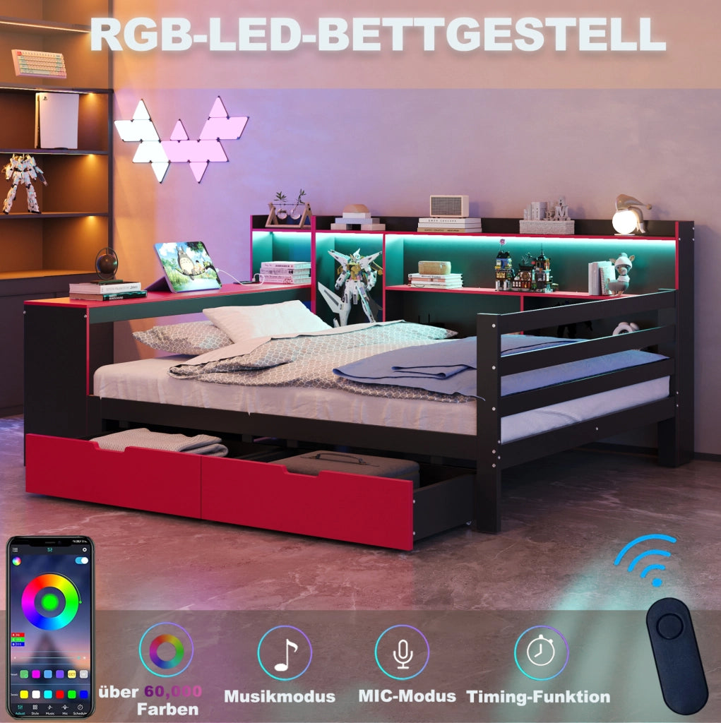 Letto matrimoniale multifunzione 140x200 cm con scrivania; LED e USB; nero e rosso