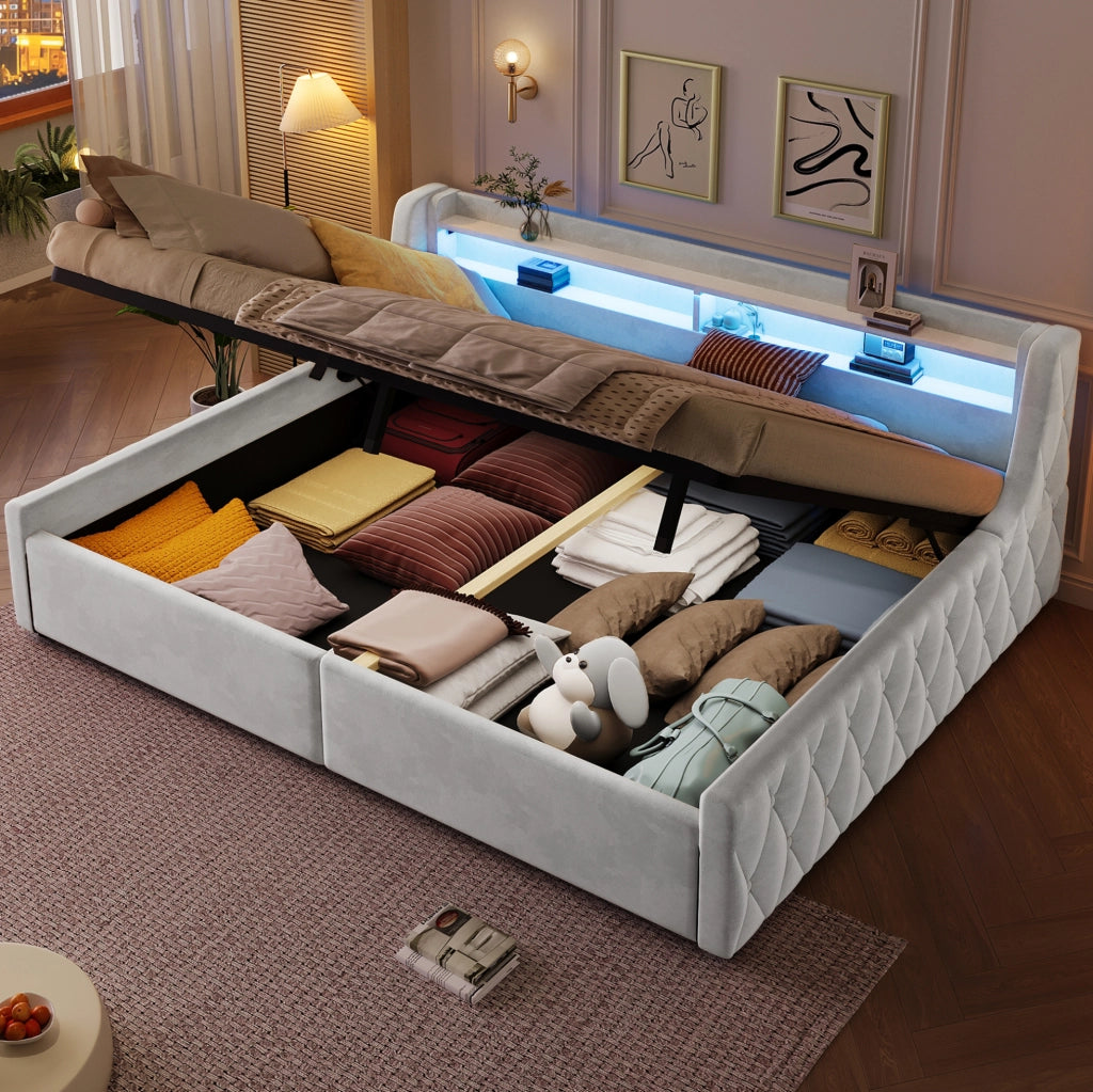 Letto imbottito 140x200 cm con contenitore idraulico e LED, bianco sporco