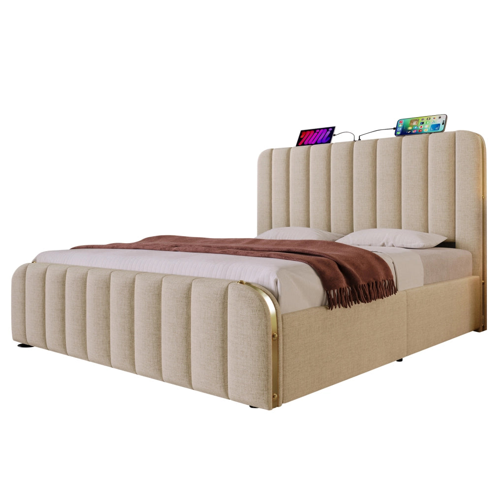 Letto matrimoniale imbottito 140x200 beige con contenitore