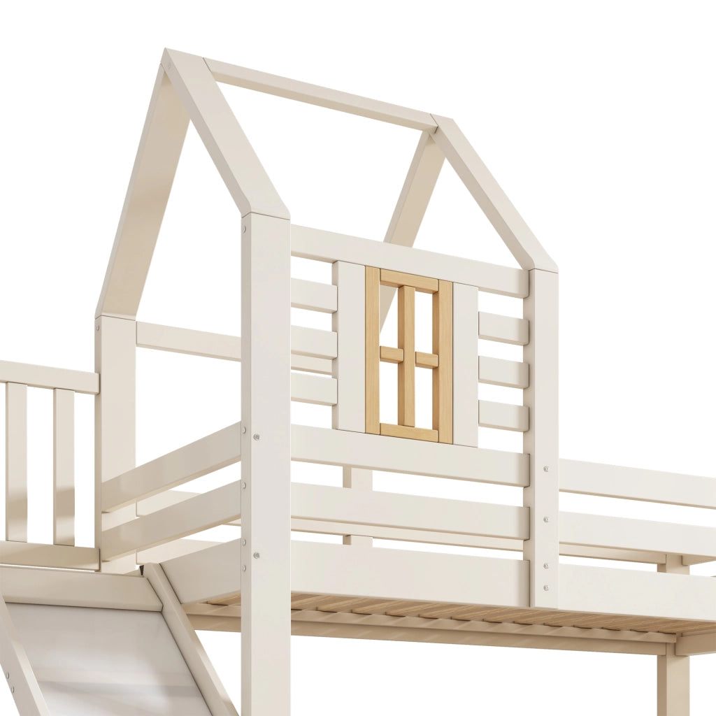 Letto a castello con scivolo e scala; bianco e legno; 90x200/140x200 cm