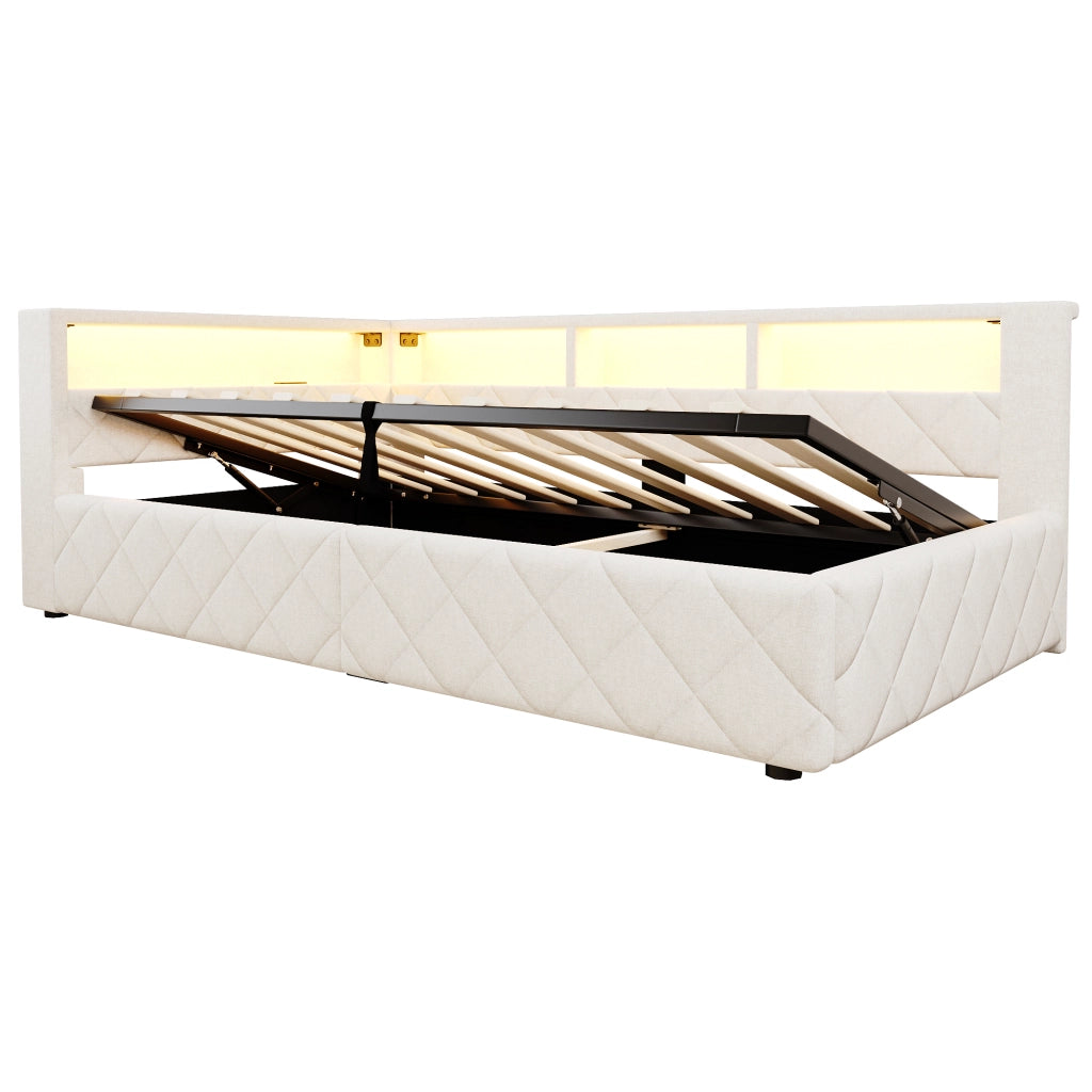 Letto contenitore beige 90x200 cm con sollevamento idraulico