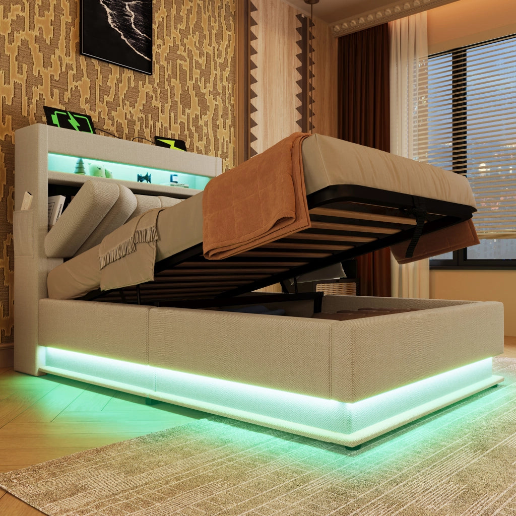 Letto singolo beige 90x200 cm con materasso e luci LED
