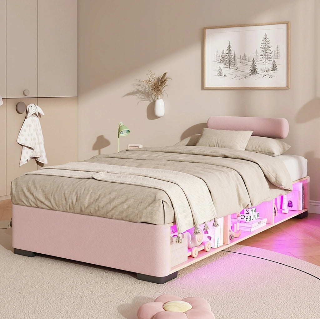 Letto per bambini imbottito 90x200 cm con LED e ripiani aperti in velluto rosa