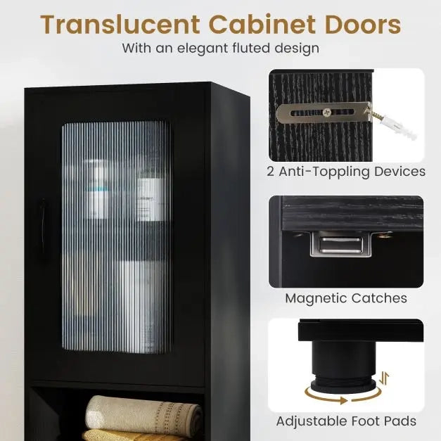 Tall Bathroom Storage Cabinet with Fluted Doors Adjustable Shelf-Dark Black