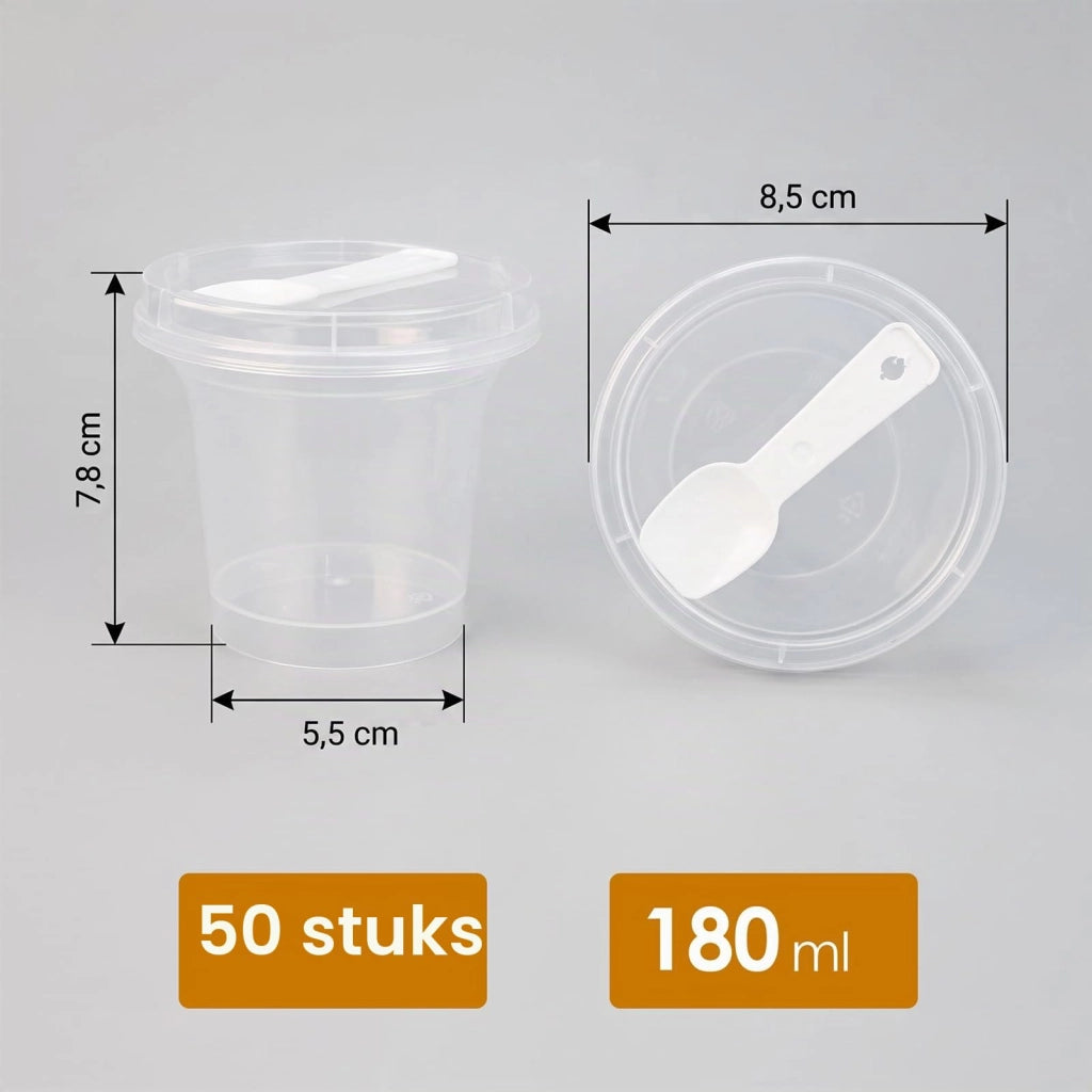 50 bicchieri di plastica per dessert da 180 ml, con coperchio, trasparenti