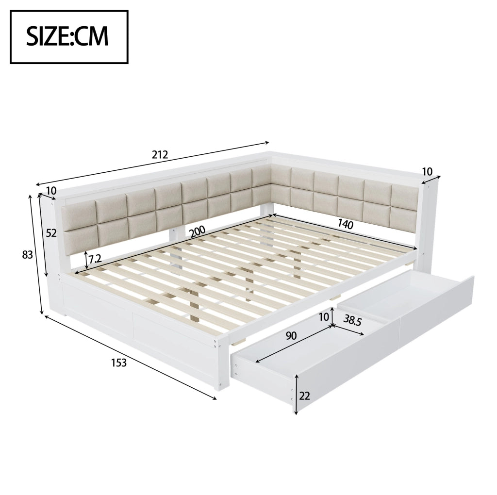 Letto trasformabile 140x200 cm con schienale imbottito e 2 cassetti; bianco