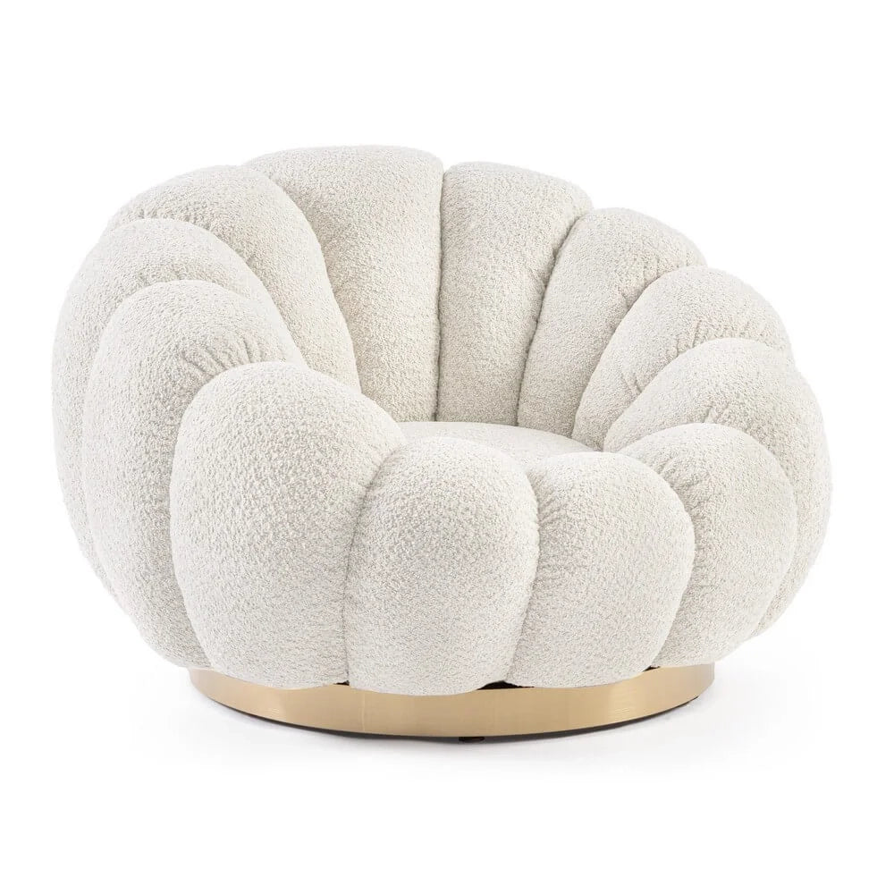 Poltrona Girevole Bouclé con Base in Acciaio Dorato Rachel Naturale