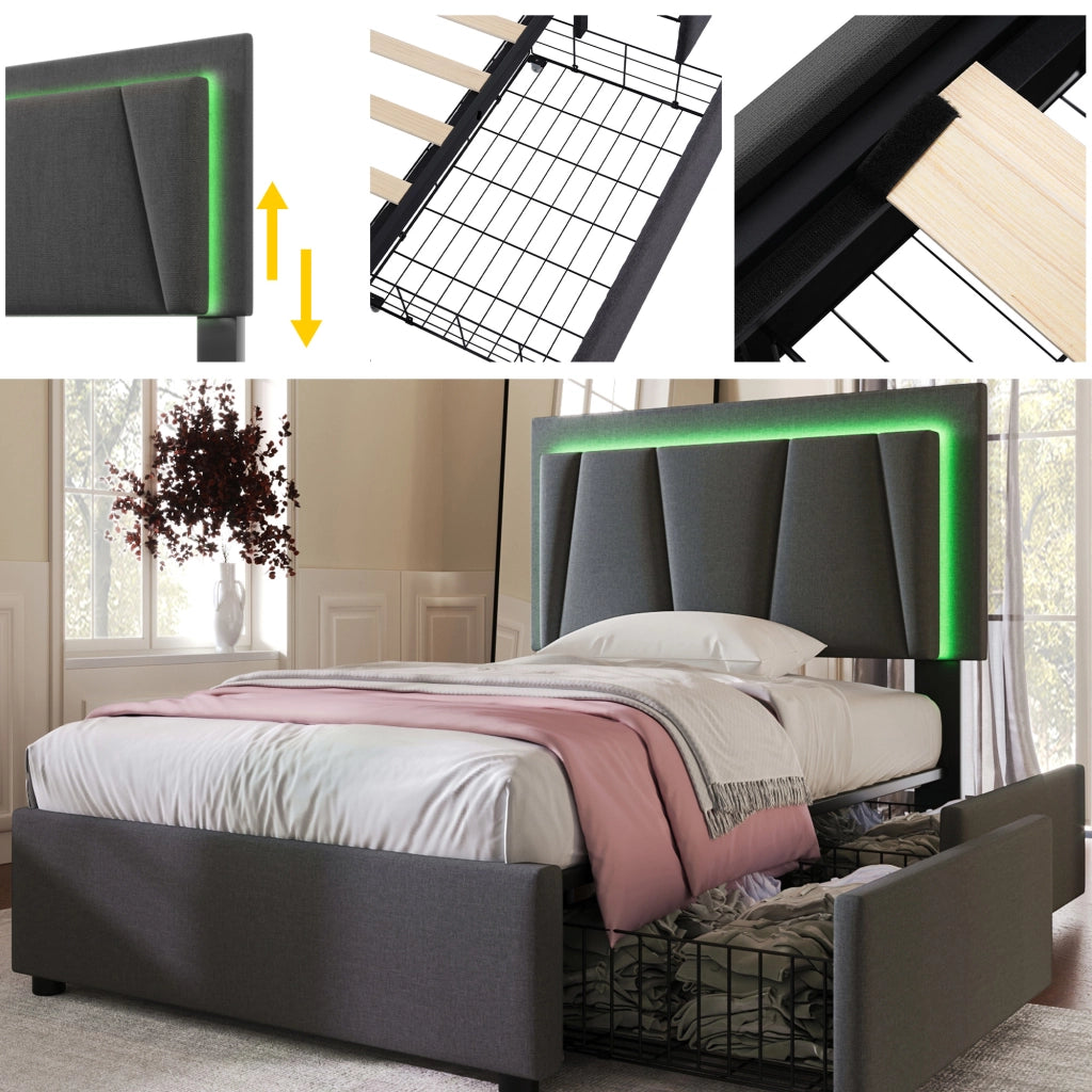 Letto singolo 90x200 cm grigio con due cassetti