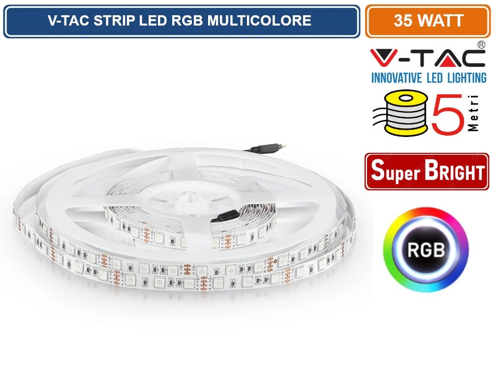 V-TAC VT-5050-60 STRISCIA LED FLESSIBILE 35W SMD RGB 60 LED/METRO 12V - BOBINA DA 5 METRI - SKU 212120