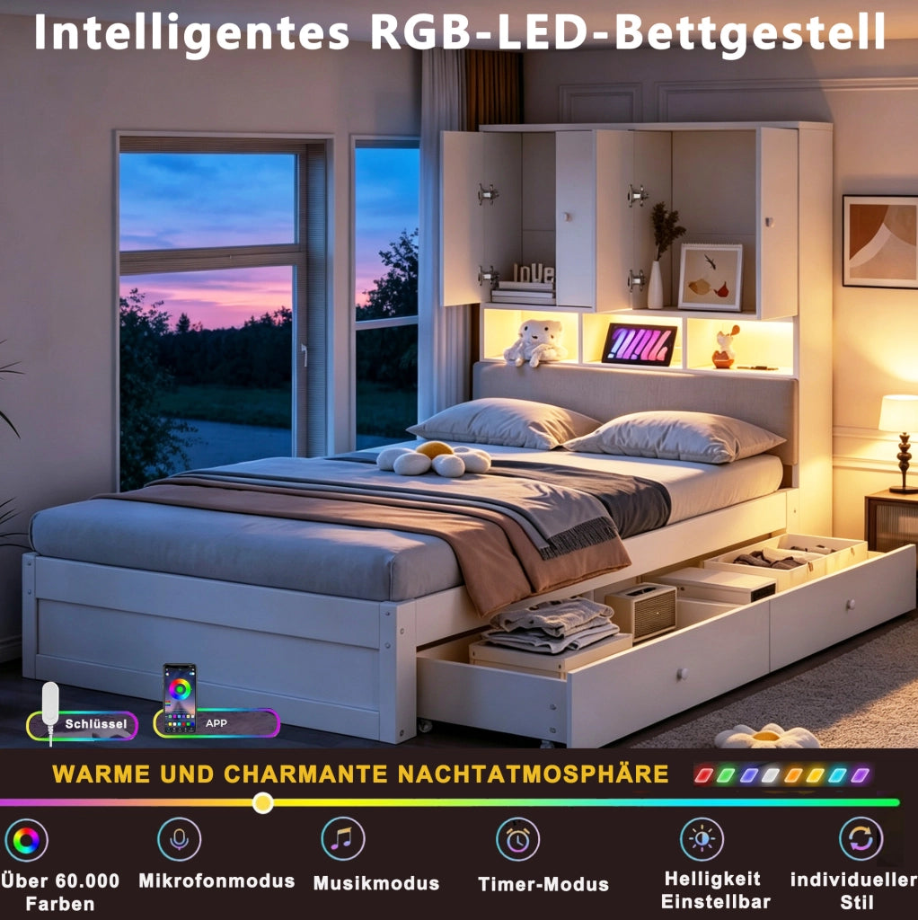 Letto singolo 90x200 cm bianco con LED, prese e 2 cassetti
