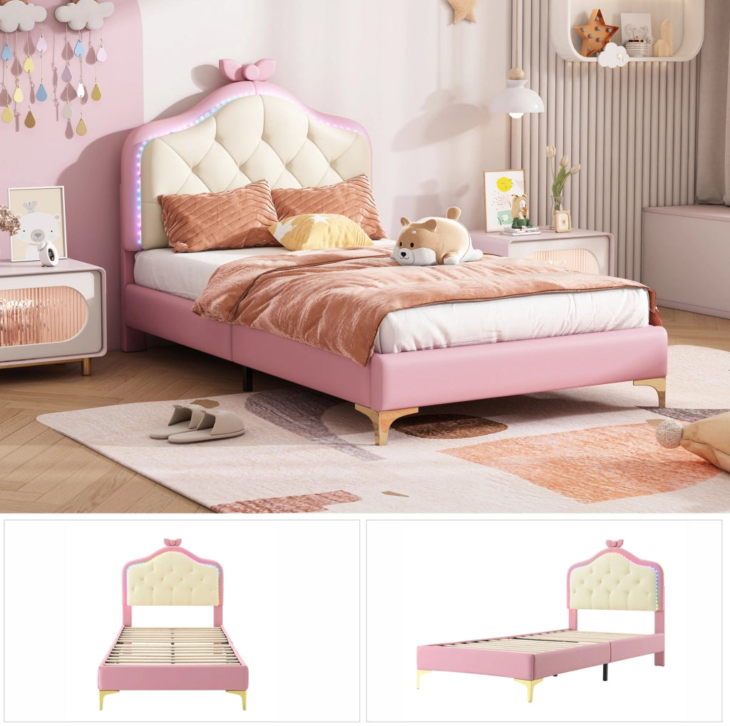 Letto singolo imbottito 90x200 cm con LED multicolore e rete a doghe; rosa e bianco