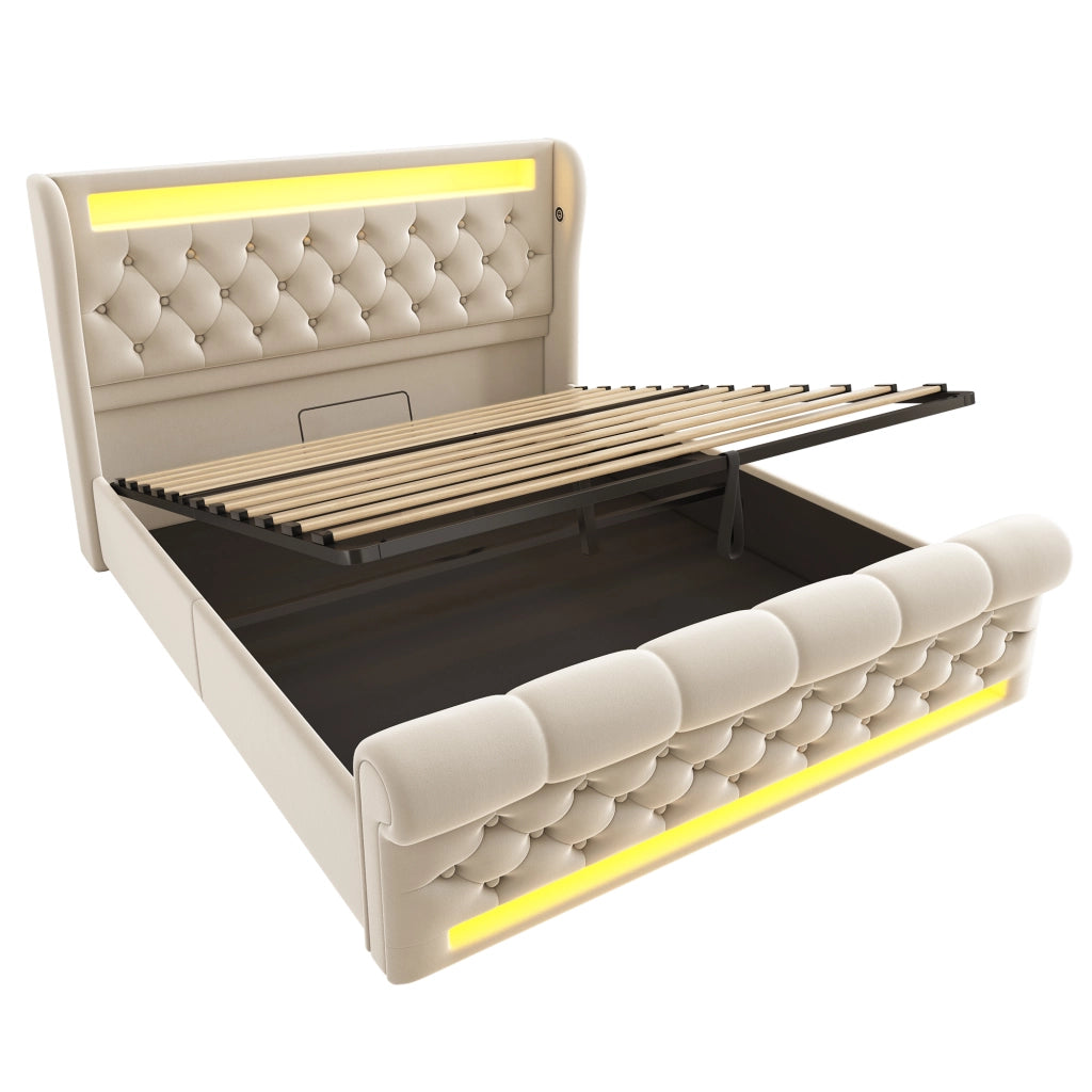 Letto matrimoniale contenitore 140x190 beige con luci LED