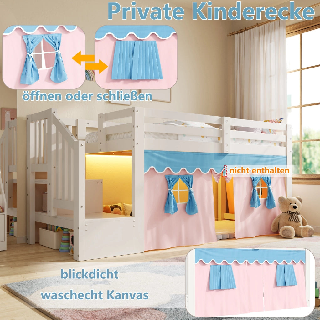 Letto semi-alto 90x200 cm con LED, tende e mobile scala