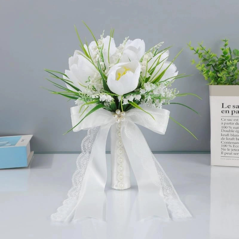 Bouquet artificiale, con tulipani e campanule, 9,8 pollici, colore bianco
