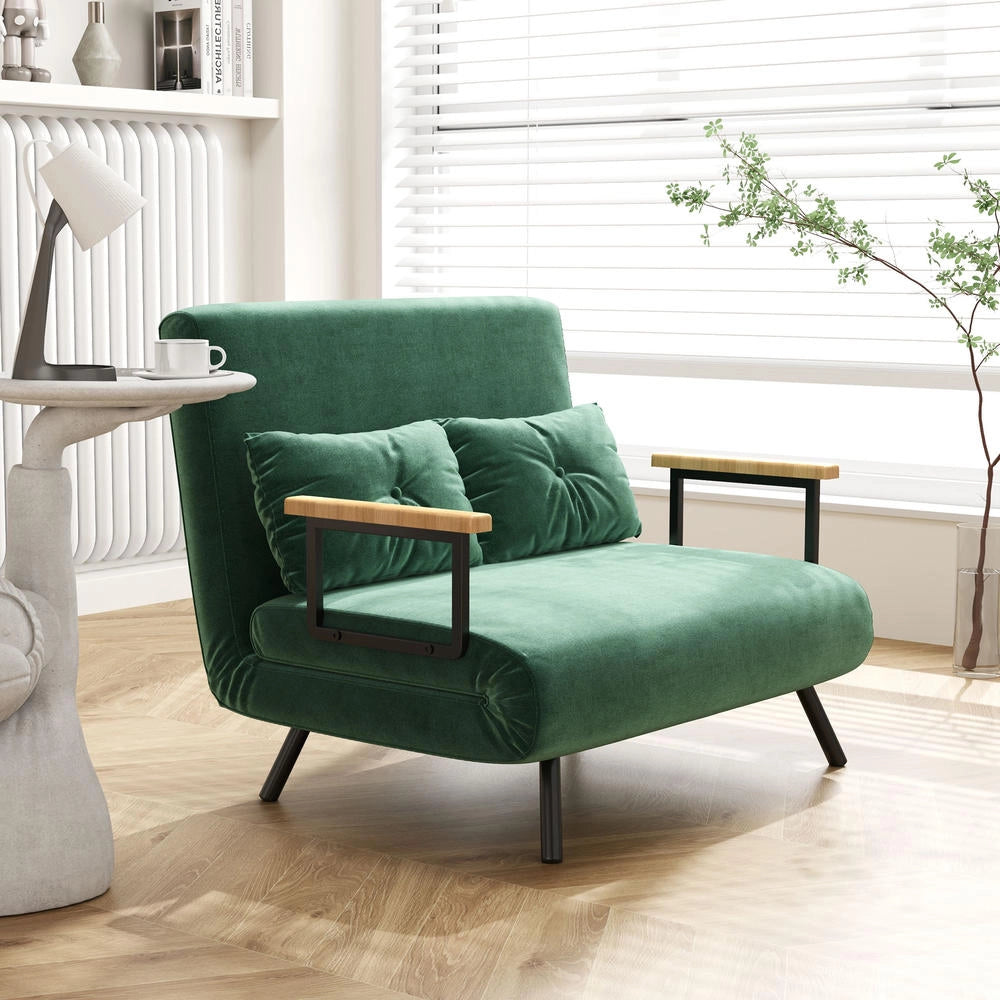 Divano letto 4 in 1 a 2 posti in tessuto effetto velluto verde 183x98,5cm, schienale regolabile salvaspazio per casa