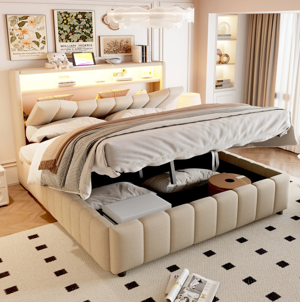 Letto contenitore 140x200 cm beige con LED e prese USB