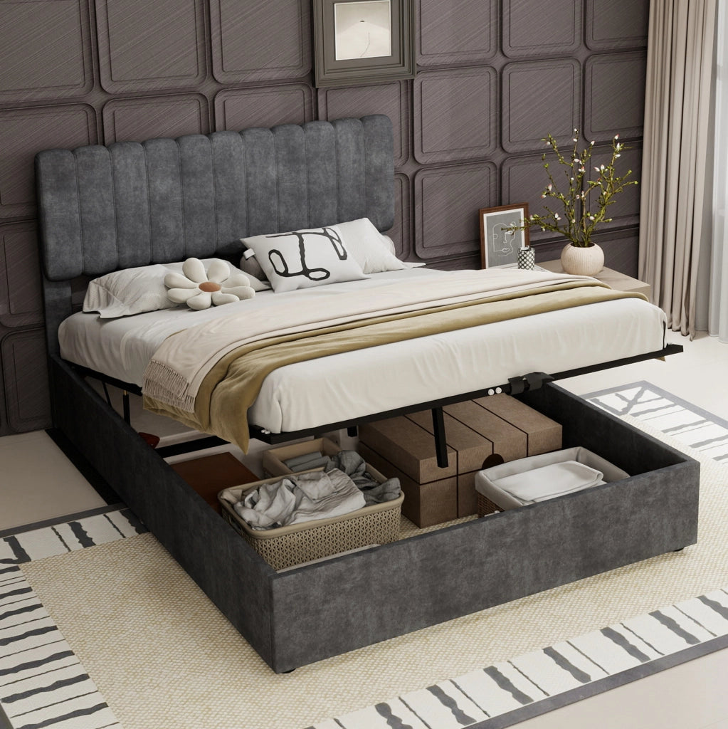 Letto matrimoniale imbottito in tessuto grigio 140x200 cm