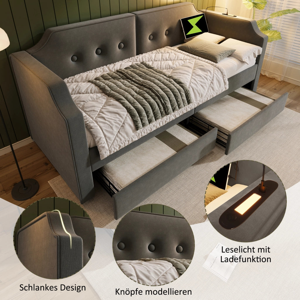 Letto imbottito 90x200 cm grigio con cassetti
