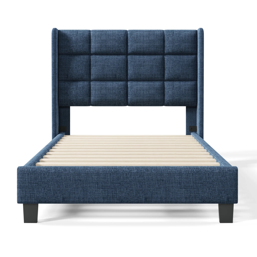 Letto singolo imbottito blu 90x200 cm con testiera