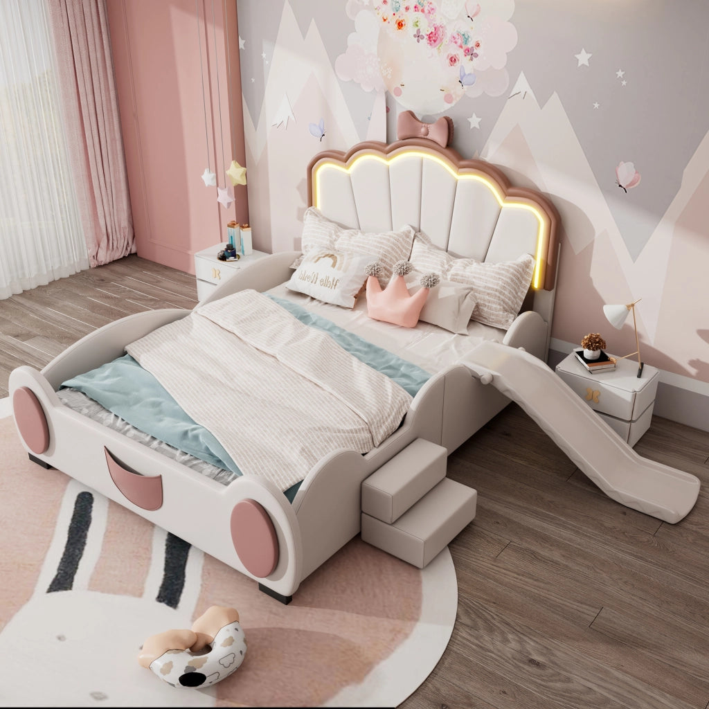 Letto per bambini a farfalla 140 × 200 cm con scivolo e scala LED multicolore in PU rosa e bianco
